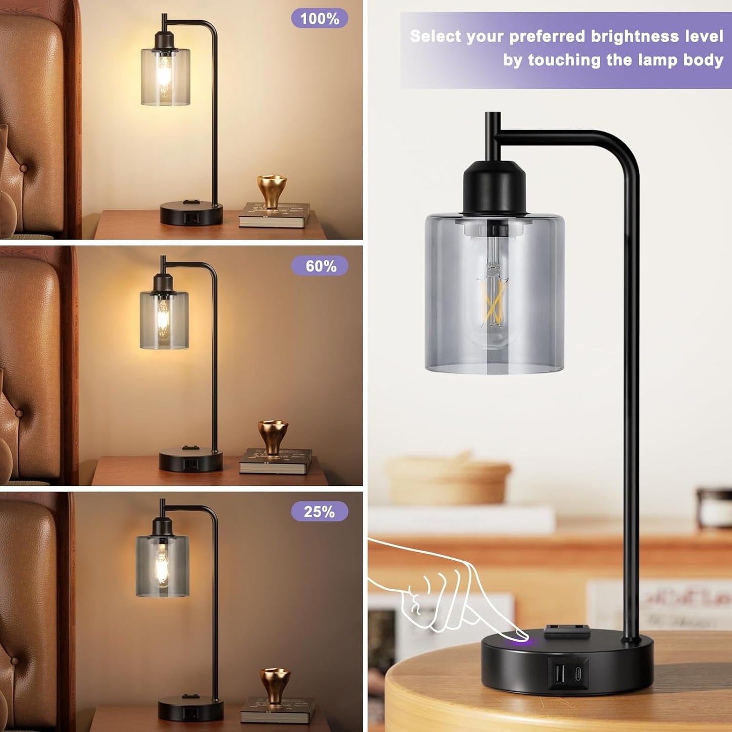 Set of 2 InnQoo 3-Way Dimmable Industrial Touch Lamps