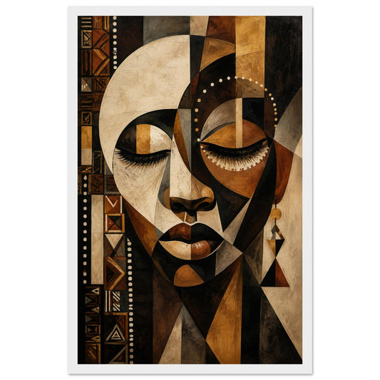 A framed abstract art print featuring a stylized geometric portrait of a woman in warm earth tones of brown, beige, black, and tan, shown against a light gray background.