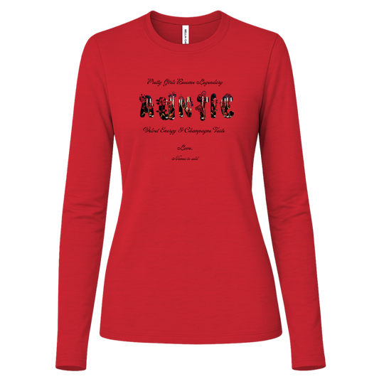 Red long sleeve shirt featuring vibrant flowers, elegant botanical accents, and stylish typography with text and graphics on a transparent background