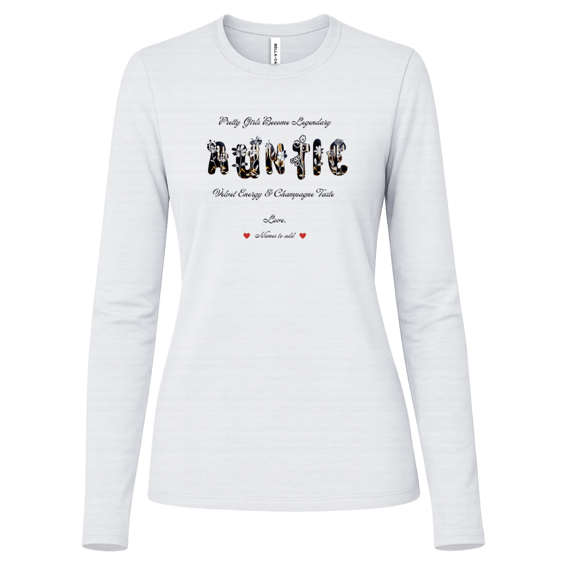 White long sleeve shirt featuring vibrant flowers, elegant botanical accents, and stylish typography with text and graphics on a transparent background