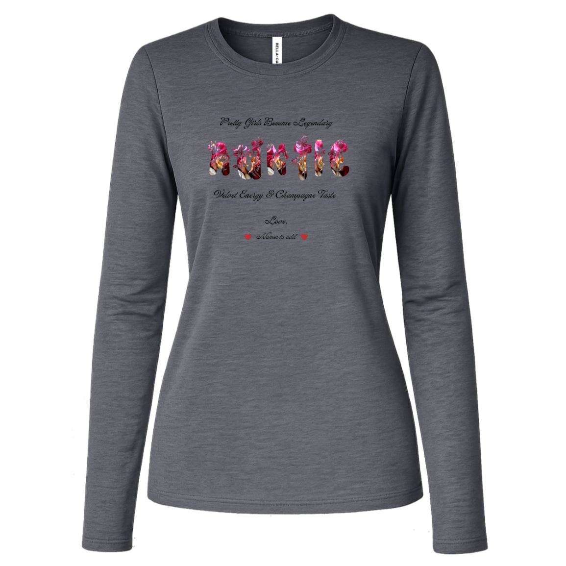 Deep Heather long sleeve shirt featuring vibrant flowers, elegant botanical accents, and stylish typography with text and graphics on a transparent background