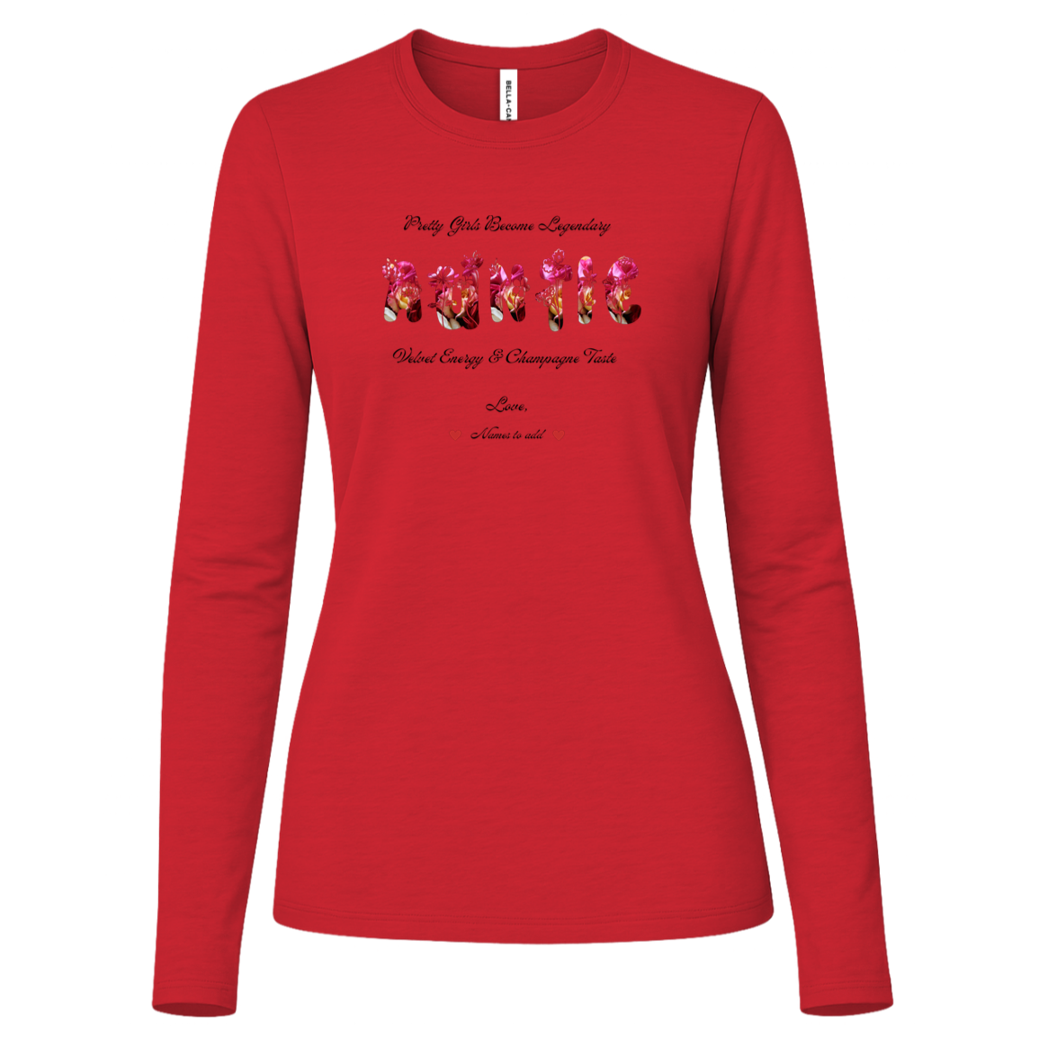 Red long sleeve shirt featuring vibrant flowers, elegant botanical accents, and stylish typography with text and graphics on a transparent background