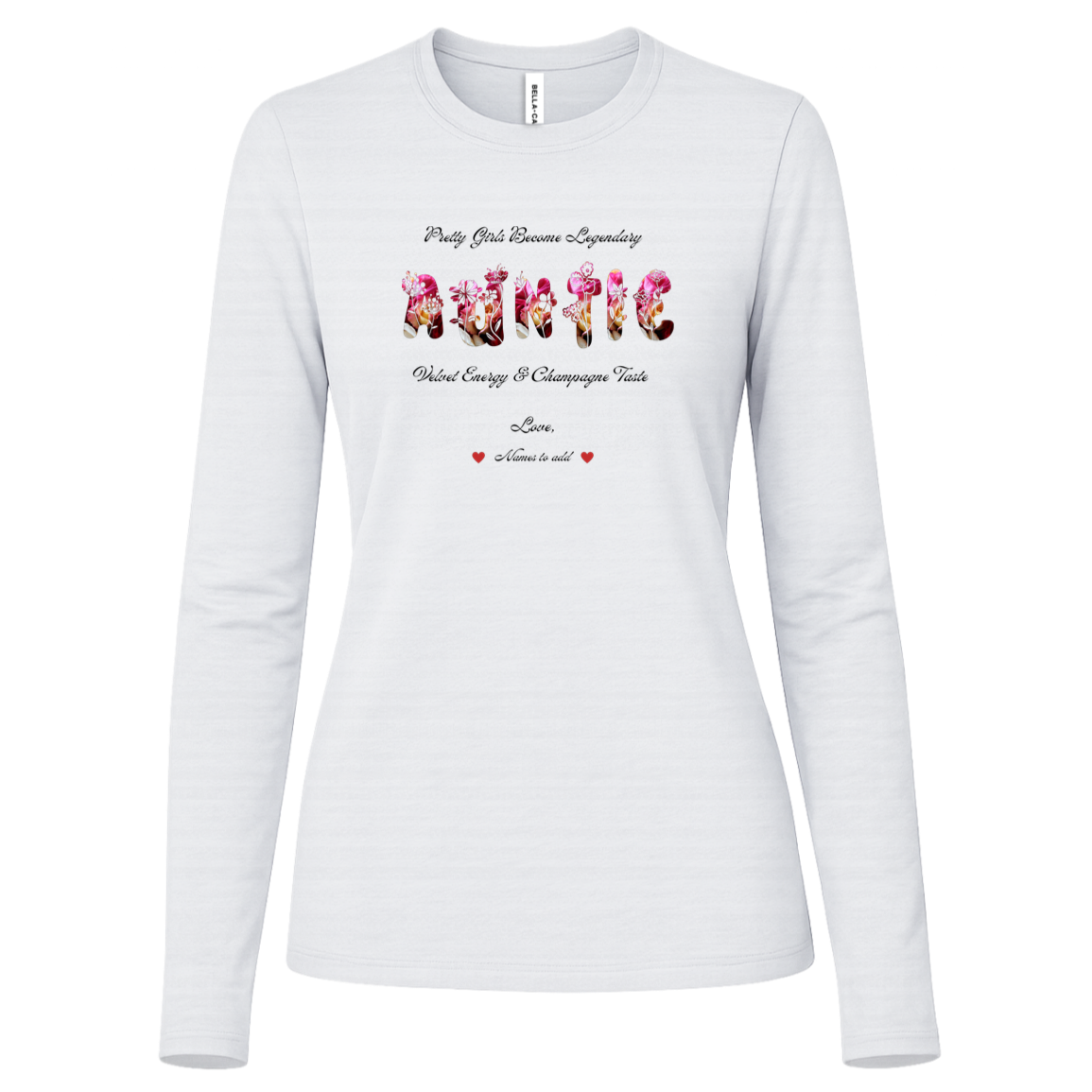 White long sleeve shirt featuring vibrant flowers, elegant botanical accents, and stylish typography with text and graphics on a transparent background