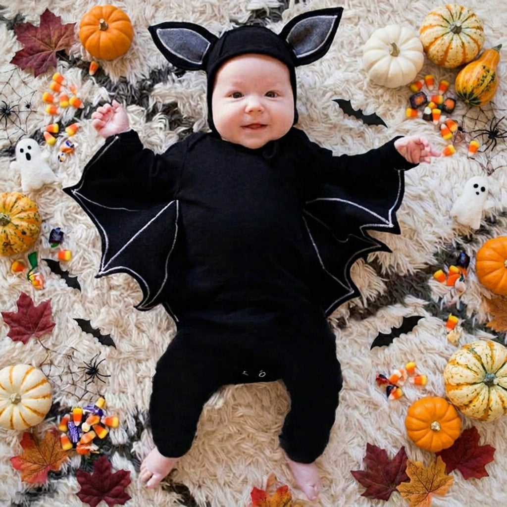 A baby wearing a black bat costume with attached wings and a hood featuring pointed ears, lying on a shaggy cream rug surrounded pumpkins, candy and spooky items.