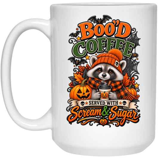 Cute Halloween raccoon wearing an orange knit hat and black-and-orange plaid scarf while holding a steaming pumpkin coffee, surrounded by pumpkins, autumn leaves, bats, spiderwebs, and berries, with bold text reading “Boo'd Coffee” and “Served With Scream & Sugar” on a transparent background