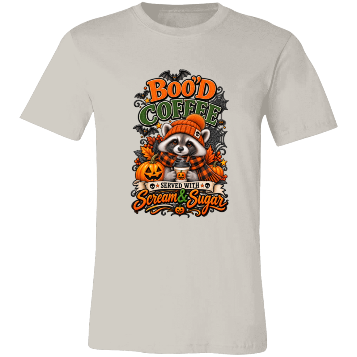 Vintage White Unisex T-Shirt featuring a Halloween raccoon wearing an orange knit hat and black-and-orange plaid scarf while holding a steaming pumpkin coffee, surrounded by pumpkins, autumn leaves, bats, spiderwebs, and berries, with bold text reading “Boo'd Coffee” and “Served With Scream & Sugar” on a transparent background