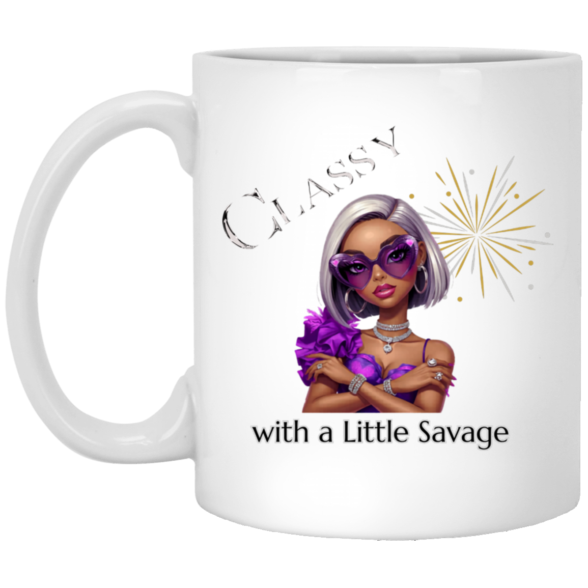 11 oz white mug featuring a stylish fashion-forward diva dressed in vibrant purple, oversized statement sunglasses, sparkling jewelry, and unapologetic confidence on a transparent background