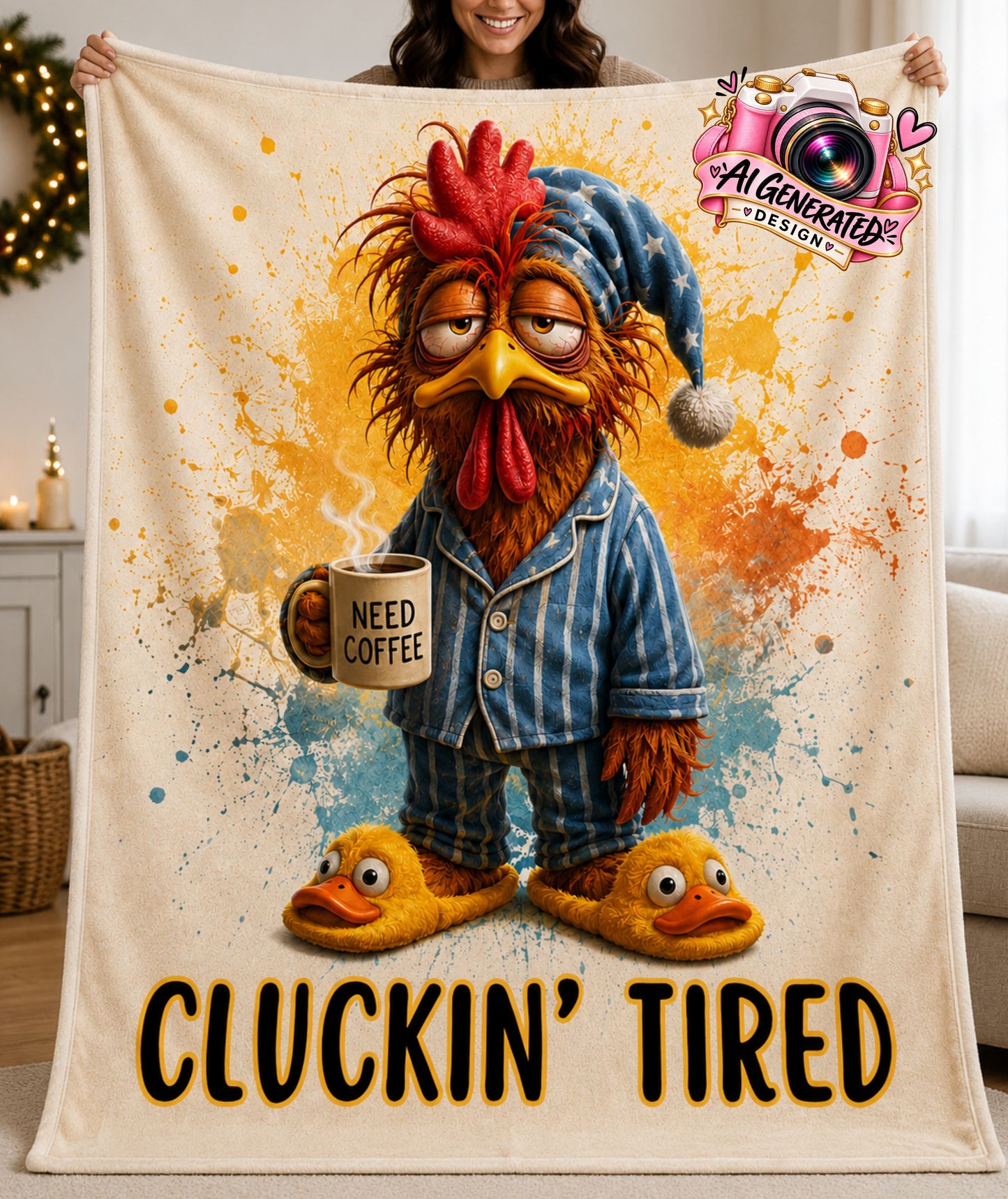 A person holds up a large fleece blanket featuring a cartoon rooster in blue pajamas holding a mug that says 'NEED COFFEE,' with the text 'CLUCKIN' TIRED' at the bottom. The blanket is shown in a living room setting, and a 'All Generated Fiction' watermark is visible in the top right corner.