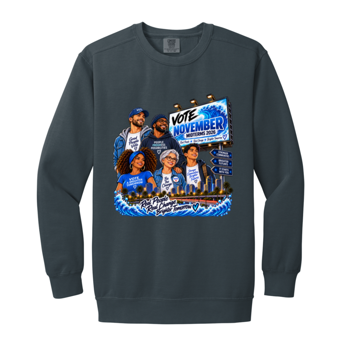 Colorful civic-themed illustration featuring a diverse group of people in front of a city skyline and blue waves, with text reading “Vote November Midterms 2026,” “People Progress Possibilities,” “Stronger Communities,” and “Brighter Futures” on a transparent background