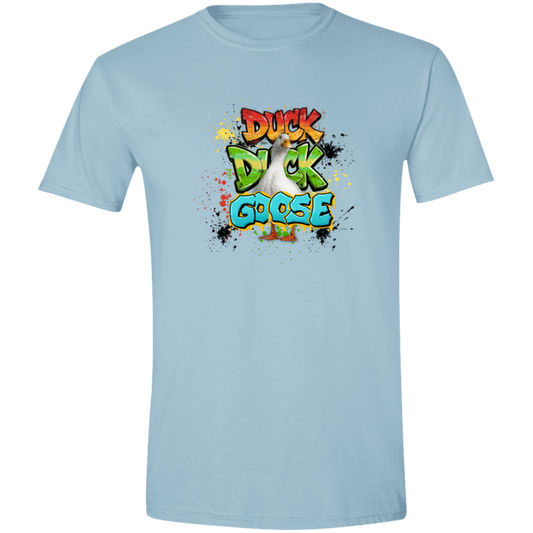 Light Blue t-shirt with 'Duck Duck Goose' graphic featuring a confident goose front and center surrounded by vibrant graffiti-inspired lettering and colorful paint splatter effects on a transparent background