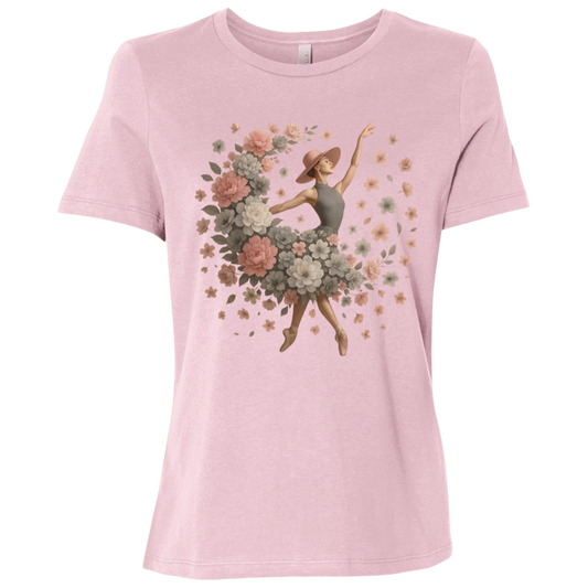 Image of Pink t-shirt with ballet dancer design with a flowing arrangement of petals and blossoms of gray, white and pink which creates the illusion that the dancer herself is blooming mid-performance, giving the design a dreamy, delicate aesthetic that feels both modern and vintage at once.