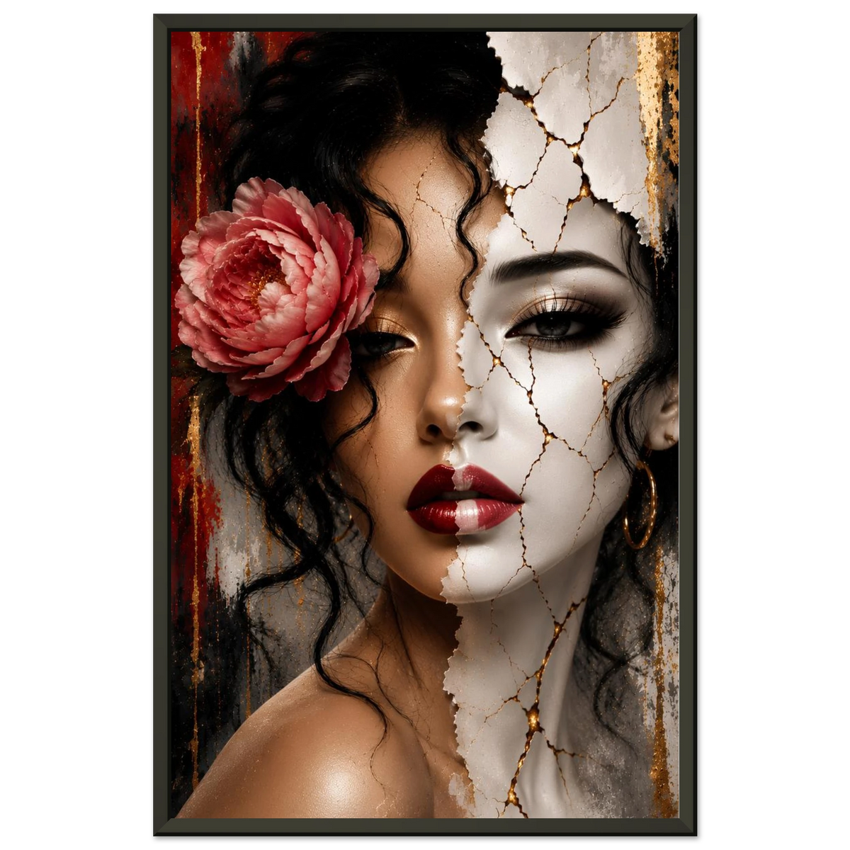 A framed art print featuring a stylized portrait of a woman with dark curly hair, a pink flower in her hair, and a split face design with cracked white and red textures. The print is enclosed in a thin black frame and shown against a transparent background.