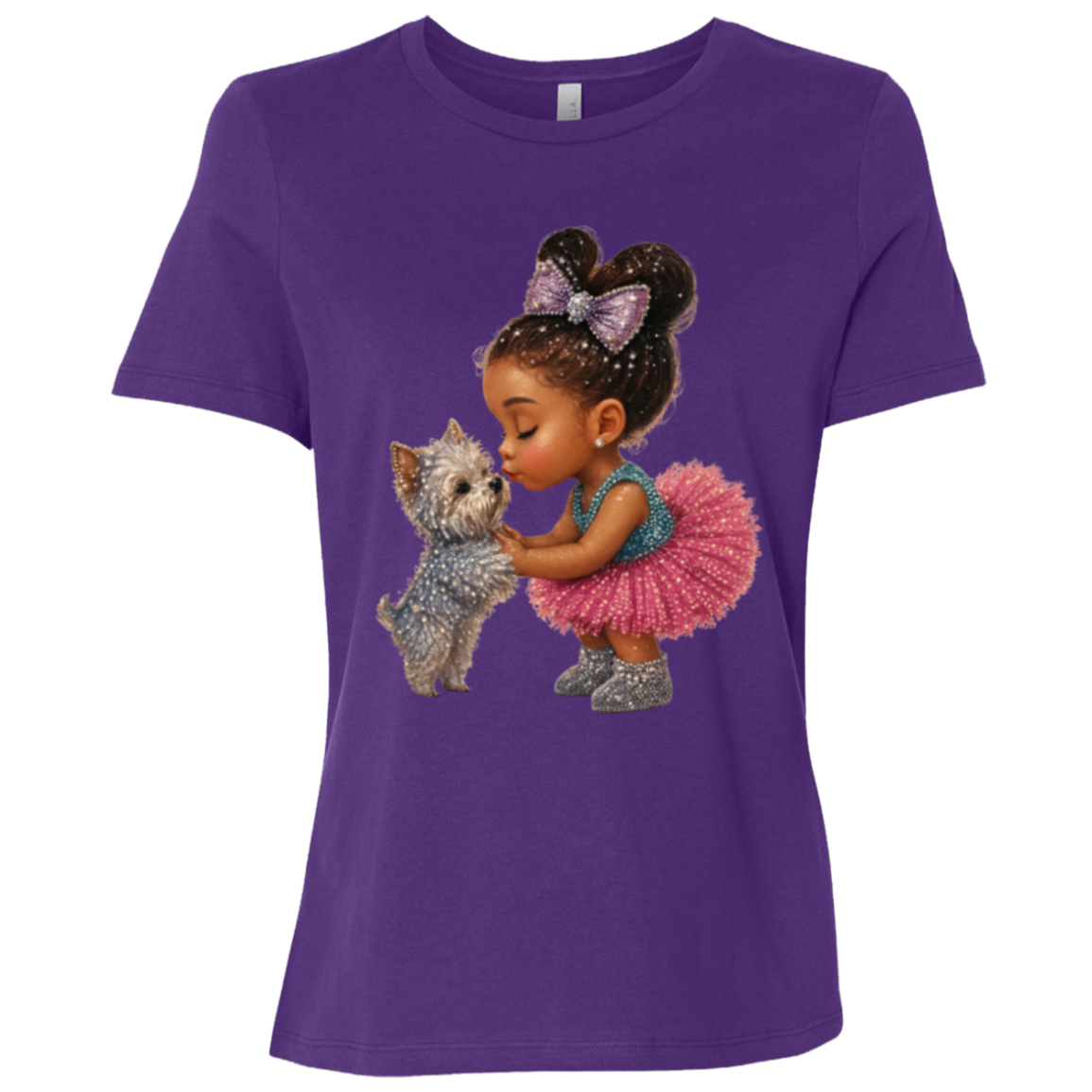 Team Purple t-shirt with a graphic design featuring a precious little girl sharing a gentle kiss with her beloved puppy companion filled with sparkle, sweetness, and unconditional love on a transparent background