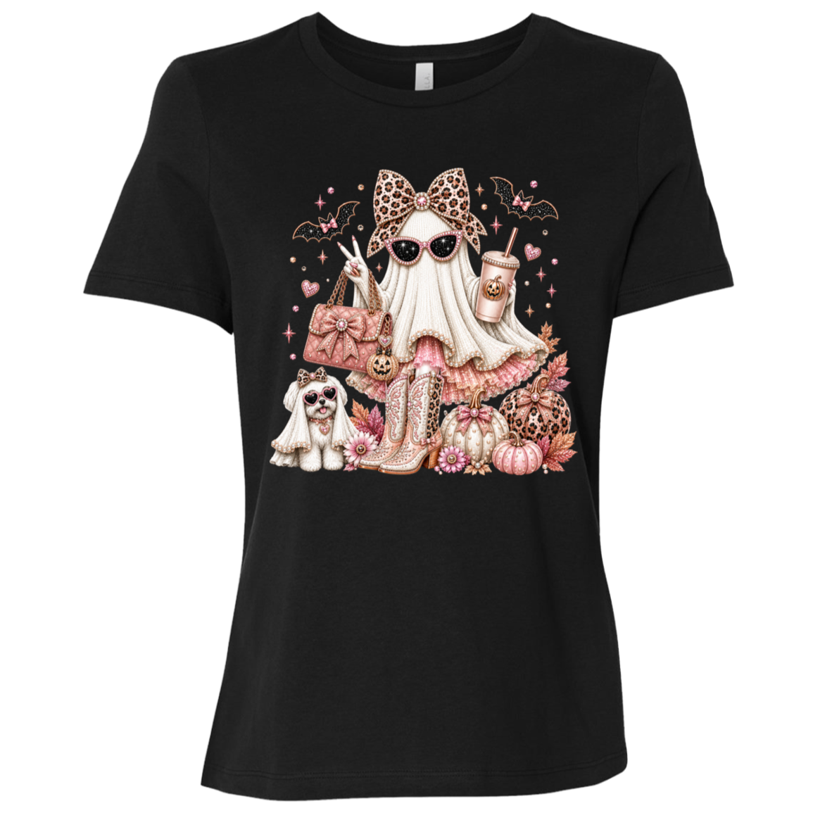 Black graphic T-shirt with a Halloween illustration of a Glamorous pearl-white ghost fashionista wearing sparkling sunglasses and a leopard-print bow with a dusty-rose handbag, embellished boots, rose-gold pumpkins, black bats, autumn leaves, and a small ghost dog companion on a transparent background