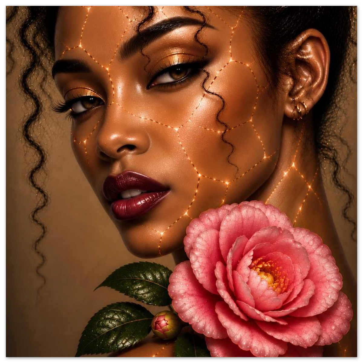 A close-up portrait of a woman with dramatic makeup and glowing gold line details on her face, holding a large pink flower with green leaves against a warm brown background.