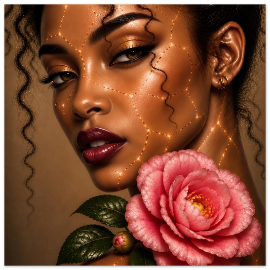 A close-up portrait of a woman with dramatic makeup and glowing gold line details on her face, holding a large pink flower with green leaves against a warm brown background.