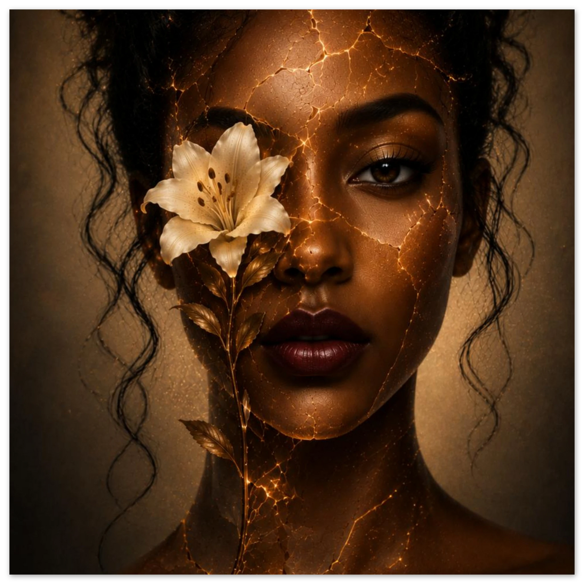 A close-up portrait of a woman's face with dark curly hair, a white lily flower over one eye, and glowing gold crack-like lines across her skin against a warm brown background.