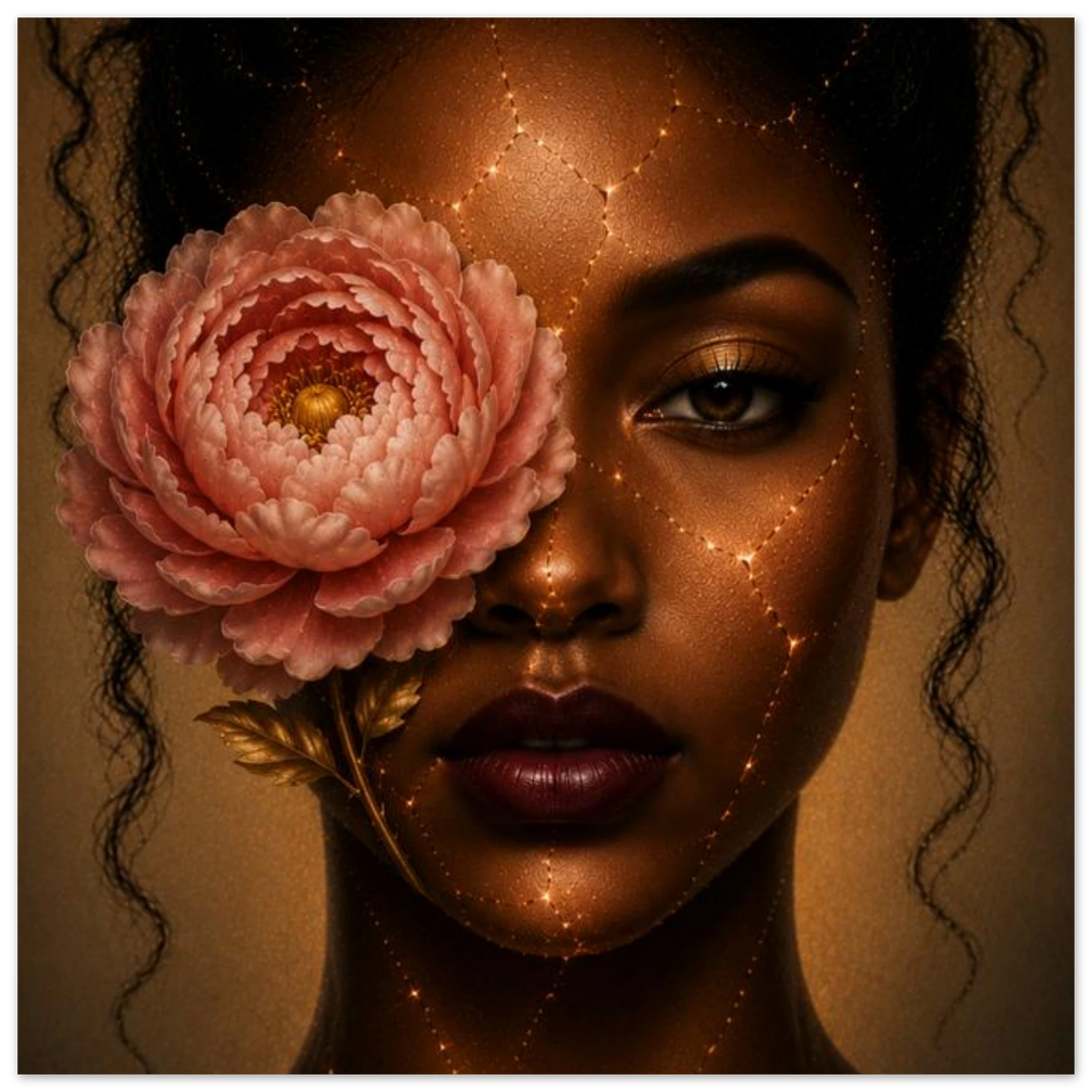 A close-up portrait of a woman with dark curly hair, a large pale pink flower over one eye, and gold spark-like lines drawn across her face, set against a warm brown background.