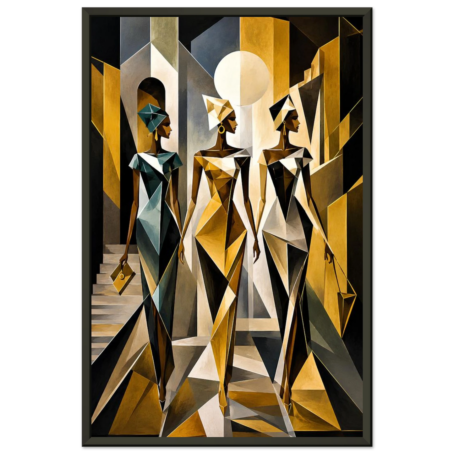A framed abstract art print featuring three stylized geometric figures in a modern architectural scene, rendered in black, gold, beige, and gray tones, shown against a transparent background.
