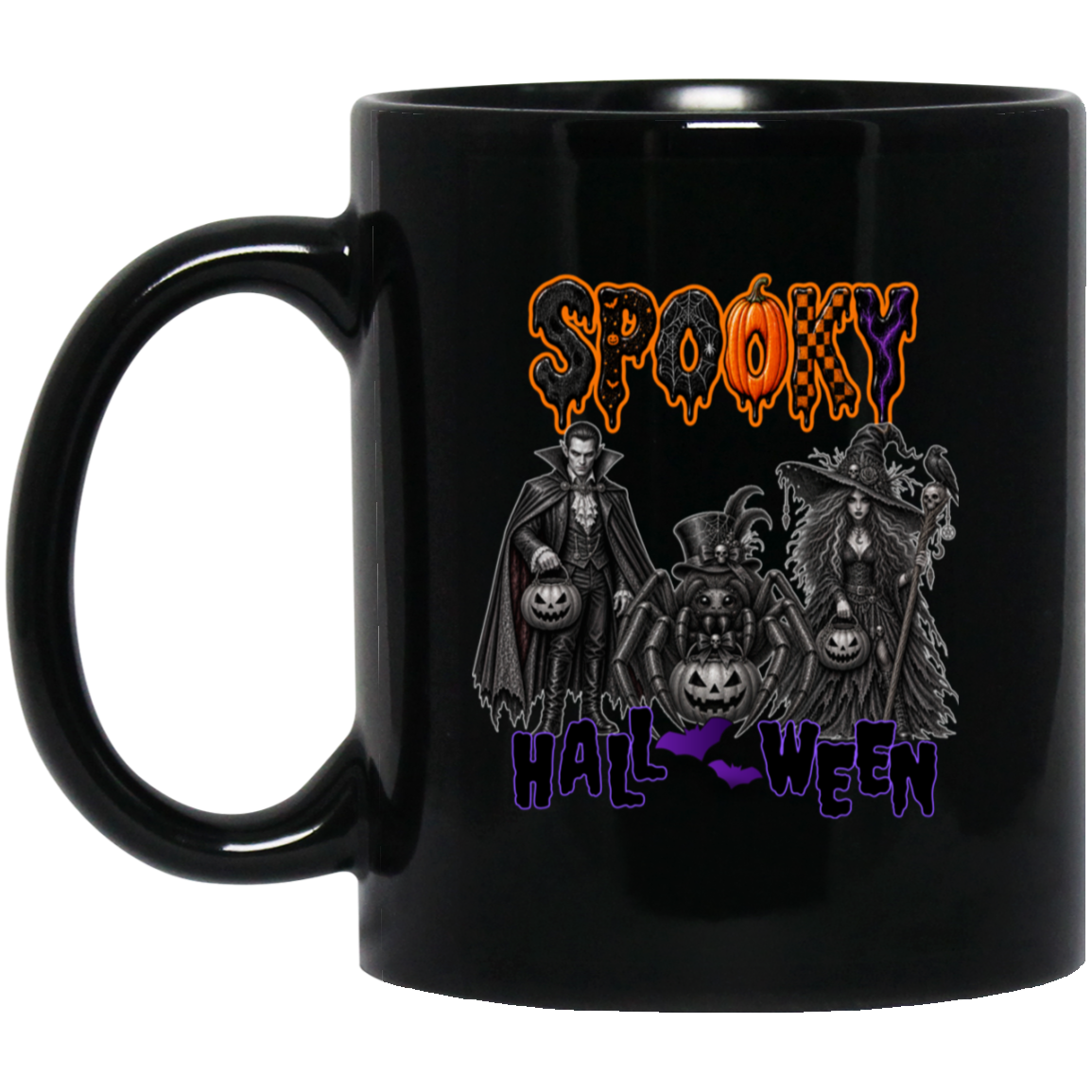Black 11 oz much featuring a Gothic Halloween design featuring a vampire, witch, and large spider surrounded by jack-o'-lanterns, ravens, skulls, spiderwebs, and gothic details, with bold dripping “SPOOKY” lettering in orange and black at the top and “HALLOWEEN” lettering in purple at the bottom on a transparent background