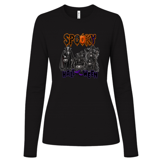 Black Long Sleeve Gothic Halloween design featuring a vampire, witch, and large spider surrounded by jack-o'-lanterns, ravens, skulls, spiderwebs, and gothic details, with bold dripping “SPOOKY” lettering in orange and black at the top and “HALLOWEEN” lettering in purple at the bottom on a transparent background