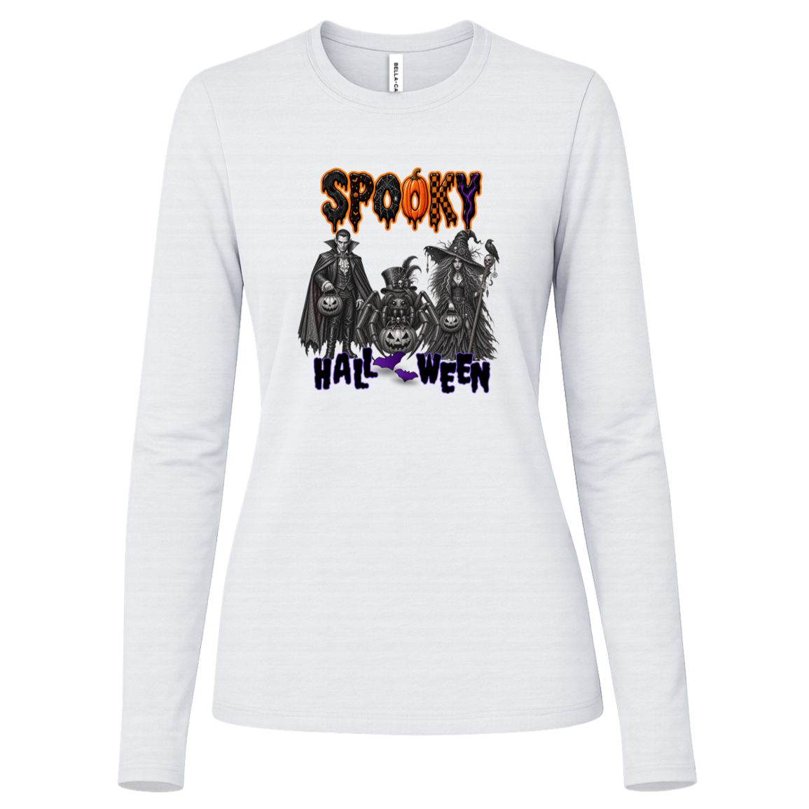 White Long Sleeve Gothic Halloween design featuring a vampire, witch, and large spider surrounded by jack-o'-lanterns, ravens, skulls, spiderwebs, and gothic details, with bold dripping “SPOOKY” lettering in orange and black at the top and “HALLOWEEN” lettering in purple at the bottom on a transparent background