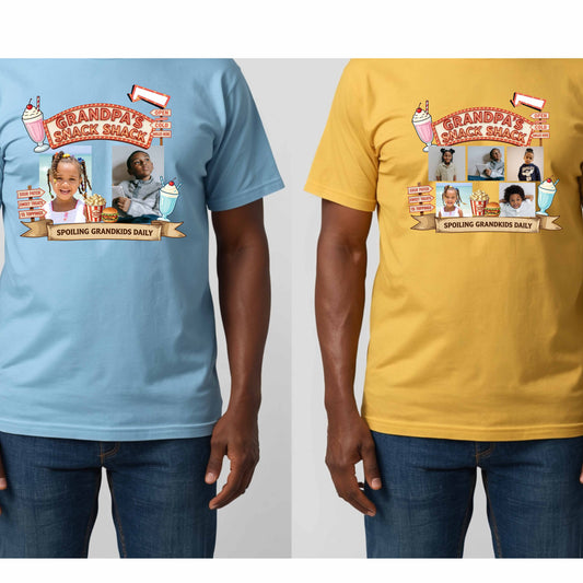 Two men wearing t-shirts, one blue and one yellow, featuring a fun retro snack stand graphic design complete with custom grandchild photos, vintage diner-inspired artwork, milkshakes, popcorn, burgers, and playful signage with text and images of people.