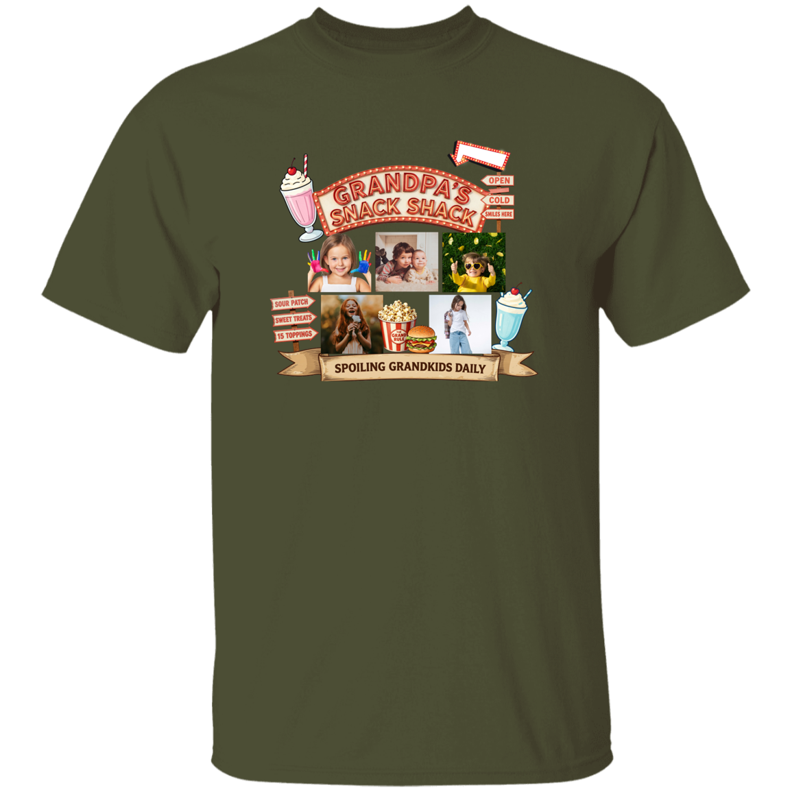 Military Green t-shirts featuring a fun retro snack stand graphic design complete with custom grandchild photos, vintage diner-inspired artwork, milkshakes, popcorn, burgers, and playful signage with text and images of people.
