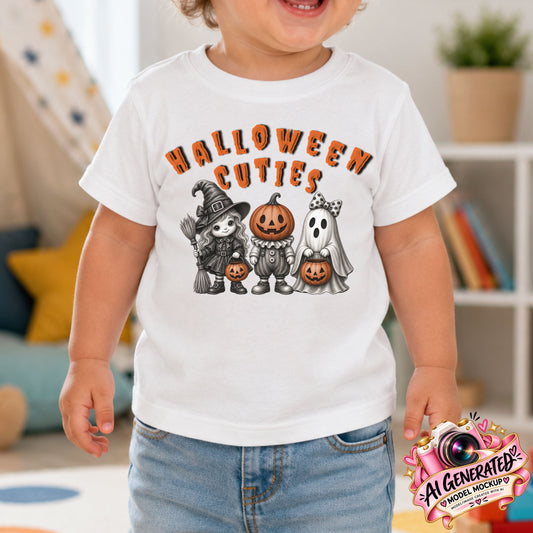 A toddler wearing a white short-sleeve t-shirt with a 'Halloween Cuties' graphic print featuring cartoon characters in costumes, paired with blue jeans in a brightly lit indoor room.