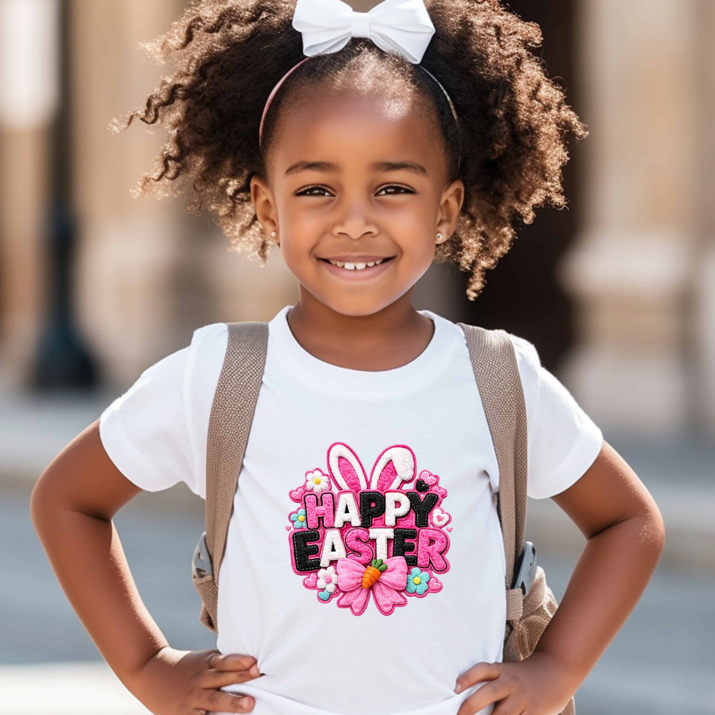 AI Generated Child wearing a White 'Happy Easter' t-shirt with a backpack outdoors