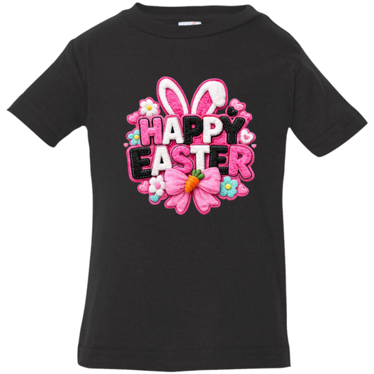 Black Happy Easter Toddler Shirt with letters in pink, black and white with bunny ears and a pink bow on a transparent background