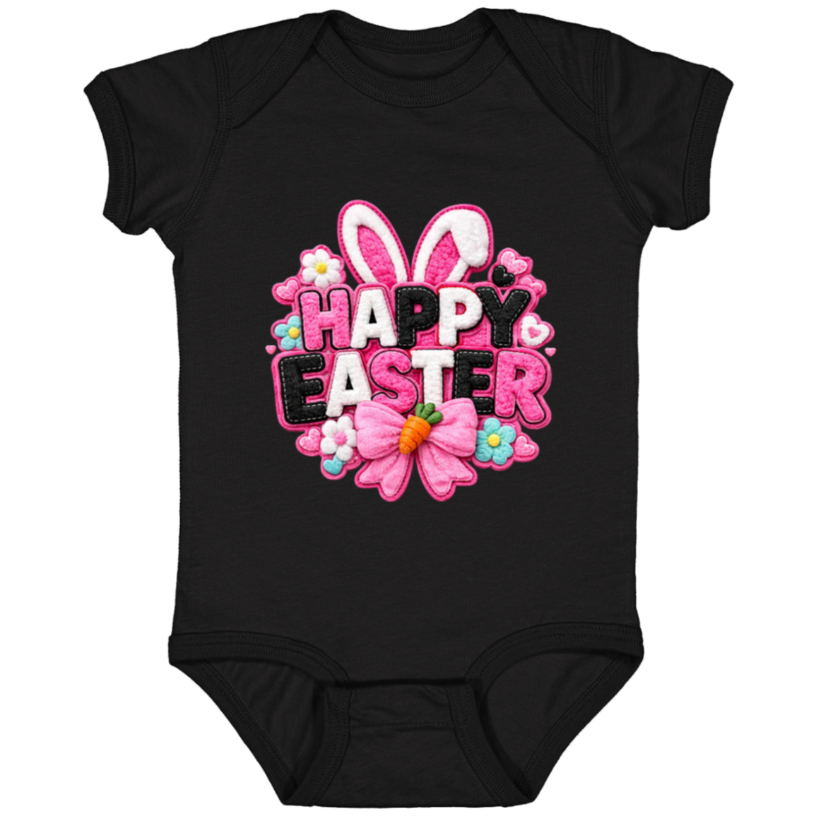 Happy Easter with bunny ears and a pink bow on a black onesie on a transparent background