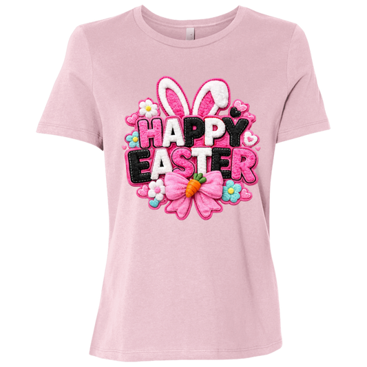 Pink Happy Easter T-Shirt with letters in pink, black and white with bunny ears and a pink bow on a transparent background