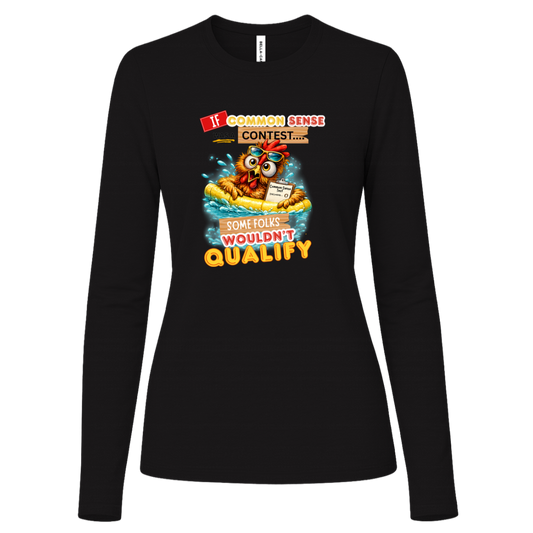 Black long sleeve shirt with a graphic design and text with a colorful graphic and text featuring a wide-eyed pool-floating chicken desperately searching for common sense on a transparent background