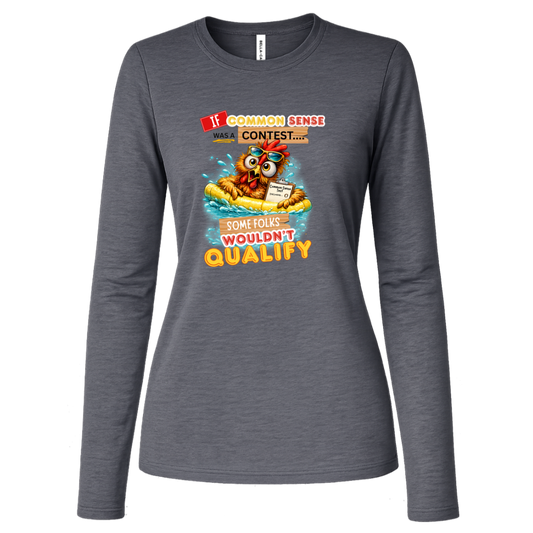 Deep Heather long sleeve shirt with a graphic design and text with a colorful graphic and text featuring a wide-eyed pool-floating chicken desperately searching for common sense on a transparent background