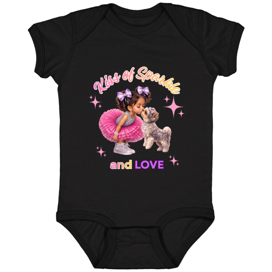 Black onesie 'Kiss of Sparkle and Love' design featuring an adorable little girl sharing a sweet kiss with her precious puppy companion, surrounded by shimmering stars and dressed in playful pink and purple hue on a transparent background