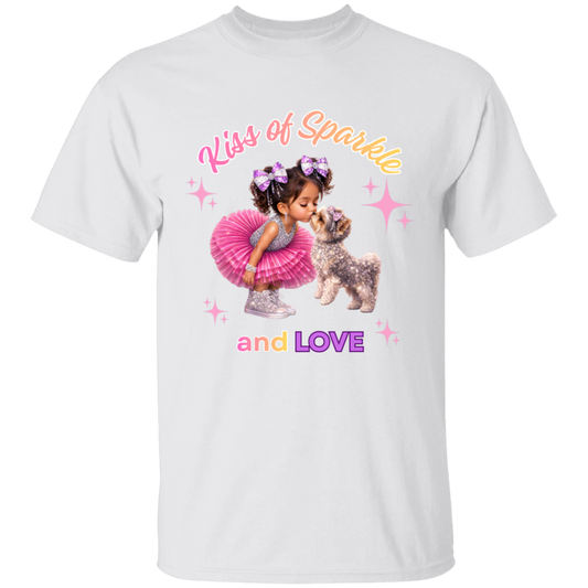 White t-shirt 'Kiss of Sparkle and Love' design featuring an adorable little girl sharing a sweet kiss with her precious puppy companion, surrounded by shimmering stars and dressed in playful pink and purple hues on a transparent background