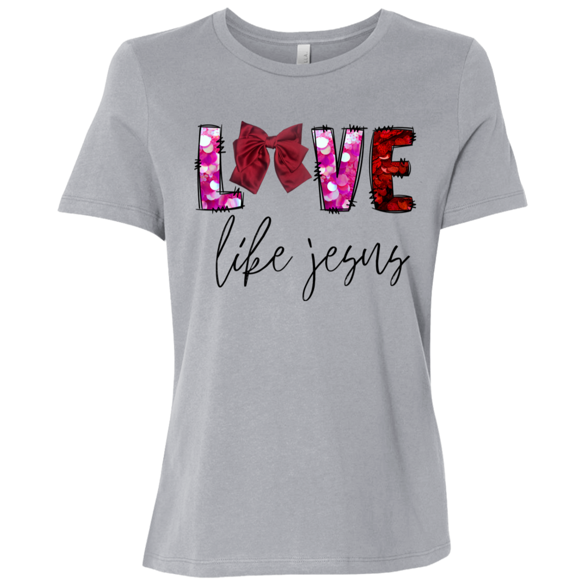 Athletic Grey t-shirt with 'LOVE life Jesus' t-shirt featuring a stunning bow integrated into the word LOVE