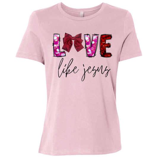 Pink t-shirt with 'LOVE life Jesus' t-shirt featuring a stunning bow integrated into the word LOVE