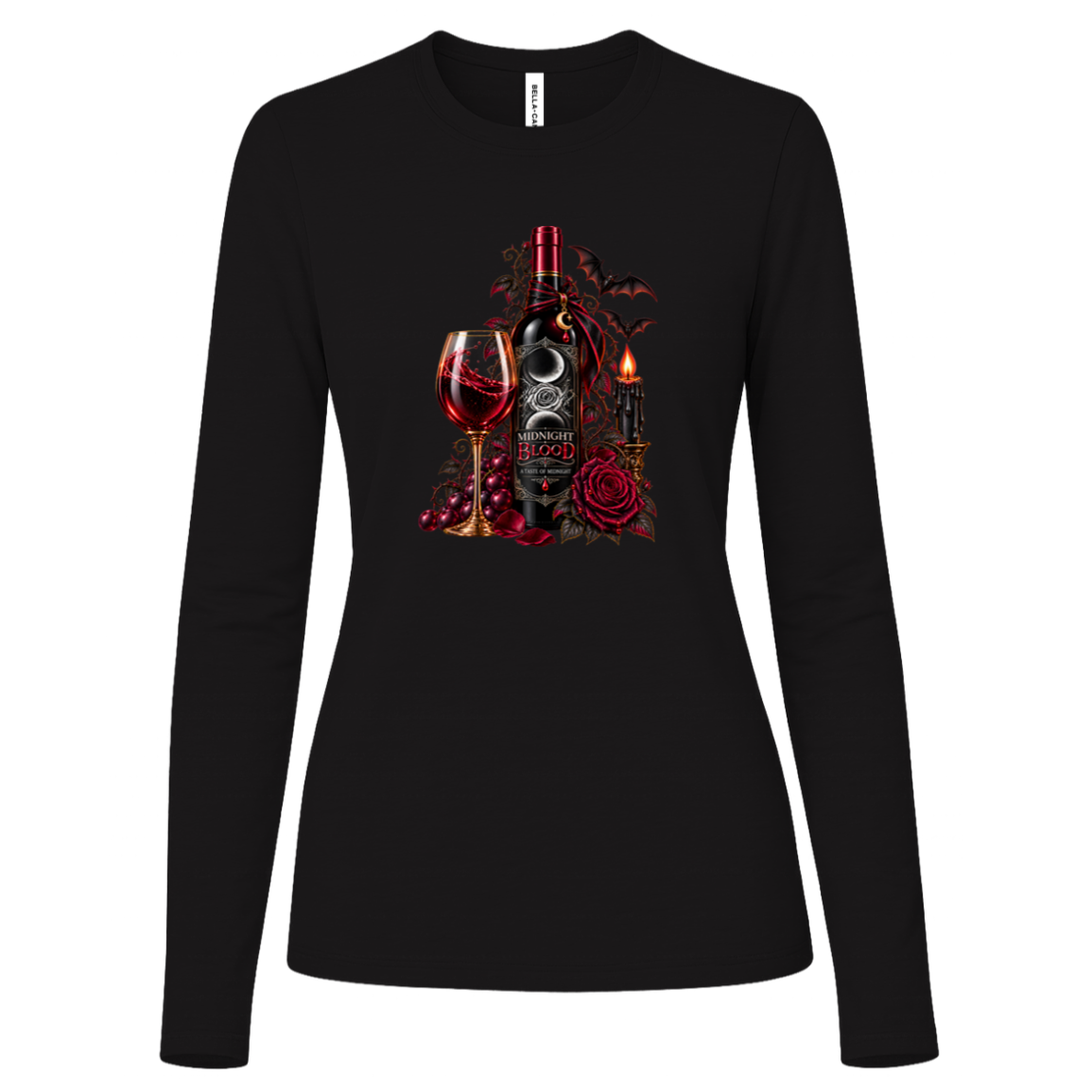 Black long sleeve shirt with a Gothic Halloween wine-inspired design featuring an ornate black bottle labeled “Midnight Blood,” a glass of red wine, crimson roses, dark vines, bats, a crescent moon, glowing black candle, and elegant black, red, gold, and silver details on a transparent background