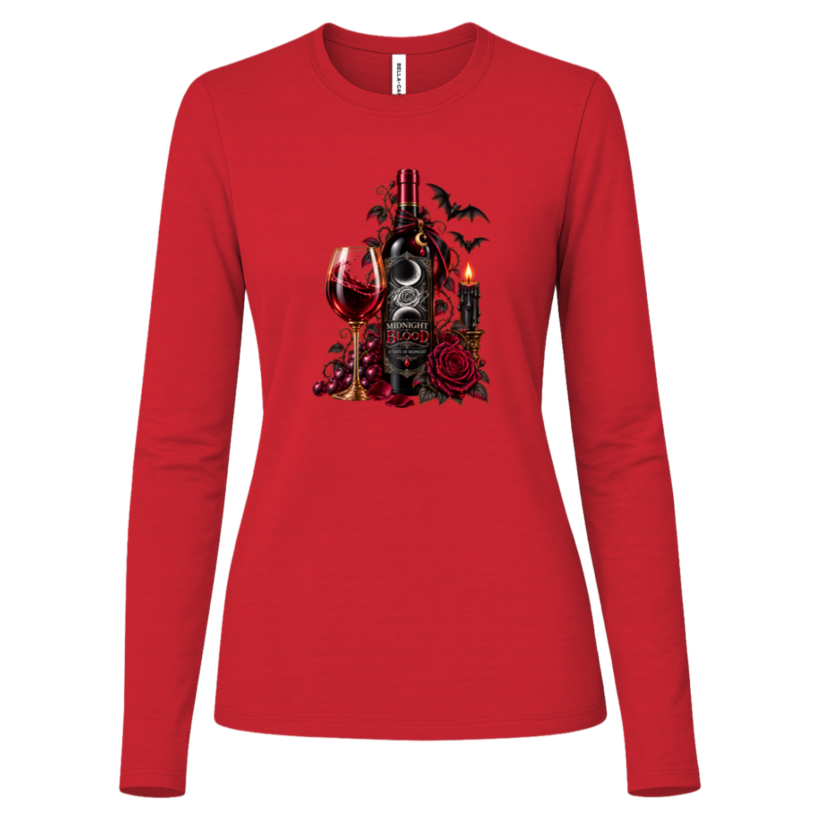 Red long sleeve shirt with a Gothic Halloween wine-inspired design featuring an ornate black bottle labeled “Midnight Blood,” a glass of red wine, crimson roses, dark vines, bats, a crescent moon, glowing black candle, and elegant black, red, gold, and silver details on a transparent background
