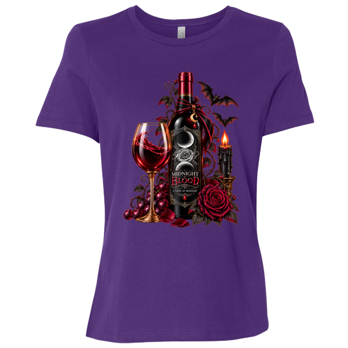 Purple t-shirt with a Gothic Halloween wine-inspired design featuring an ornate black bottle labeled “Midnight Blood,” a glass of red wine, crimson roses, dark vines, bats, a crescent moon, glowing black candle, and elegant black, red, gold, and silver details on a transparent background
