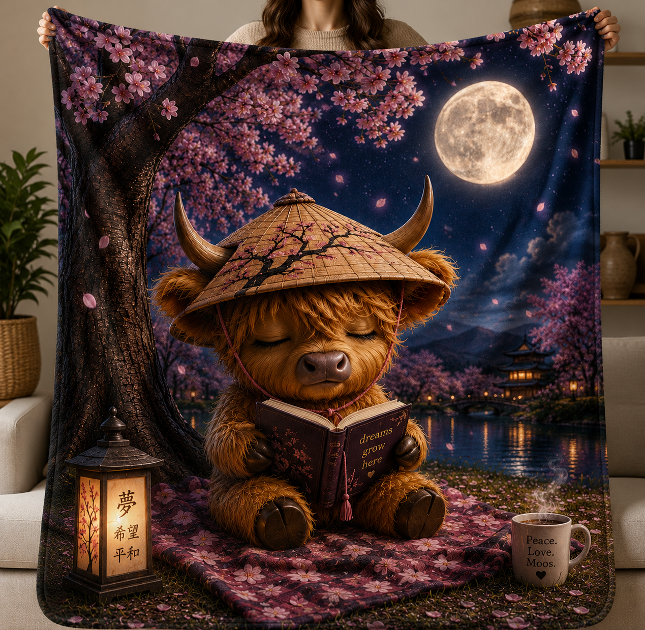 A person holds up a printed blanket in a living room setting. The design shows a fluffy brown bear wearing a conical hat and reading a book under a full moon, with pink cherry blossoms, a lake, and a lantern in the scene.