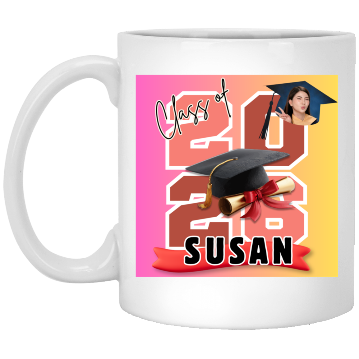 White decorative personalized mug featuring the graduate's name, custom photo, graduation year, and classic cap-and-diploma artwork with graduation design and name 'Susan' with a colorful design and text on a transparent background