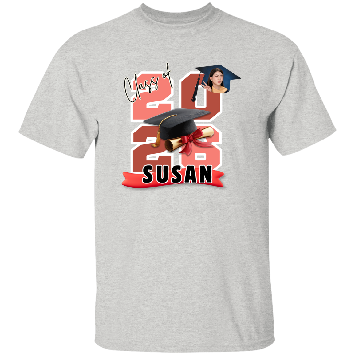 Ash T-Shirt featuring the graduate's name, custom photo, graduation year, and classic cap-and-diploma artwork with graduation design and '2026 Susan' design on a transparent background