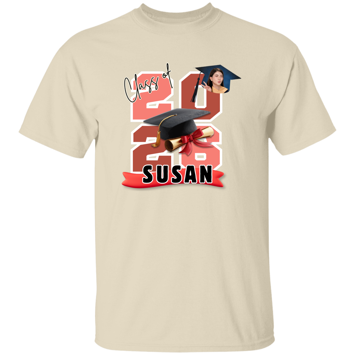 Natural T-Shirt featuring the graduate's name, custom photo, graduation year, and classic cap-and-diploma artwork with graduation design and '2026 Susan' design on a transparent background