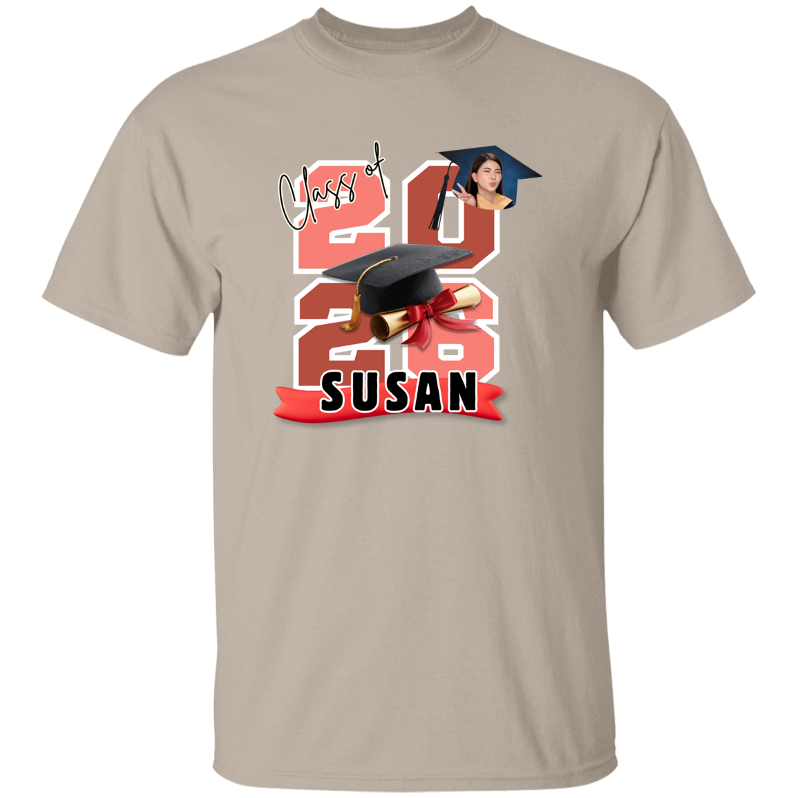 Sand T-Shirt featuring the graduate's name, custom photo, graduation year, and classic cap-and-diploma artwork with graduation design and '2026 Susan' design on a transparent background
