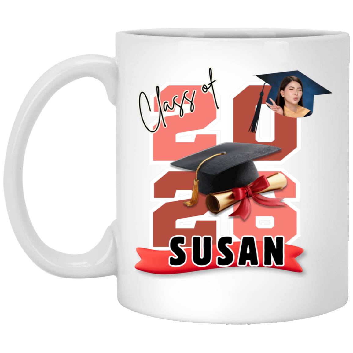 White mug featuring the graduate's name, custom photo, graduation year, and classic cap-and-diploma artwork with graduation design and '2026 Susan' design on a transparent background