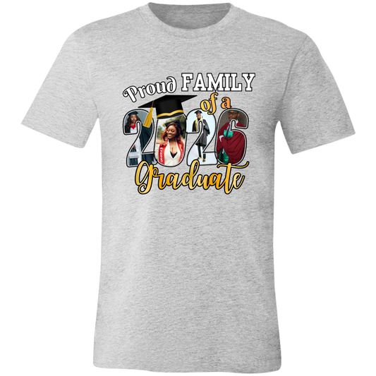 Athletic Heather t-shirt with a 'Proud Family of a Graduate' graphic design featuring custom graduate photos incorporated into the graduation year on a transparent background