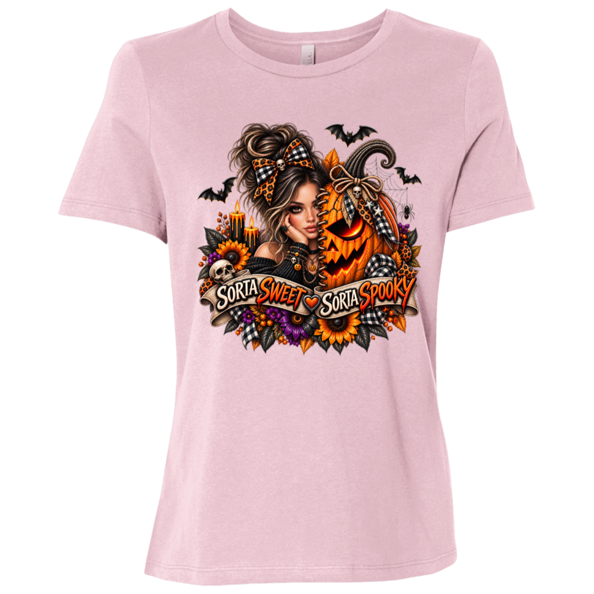 A Pink T-Shirt featuring a woman in a glamorous Halloween scene surrounded by a decorated jack-o'-lantern, sunflowers, autumn flowers, candles, bats, skulls, and spiderwebs, with a decorative banner reading “Sorta Sweet Sorta Spooky” on a transparent background